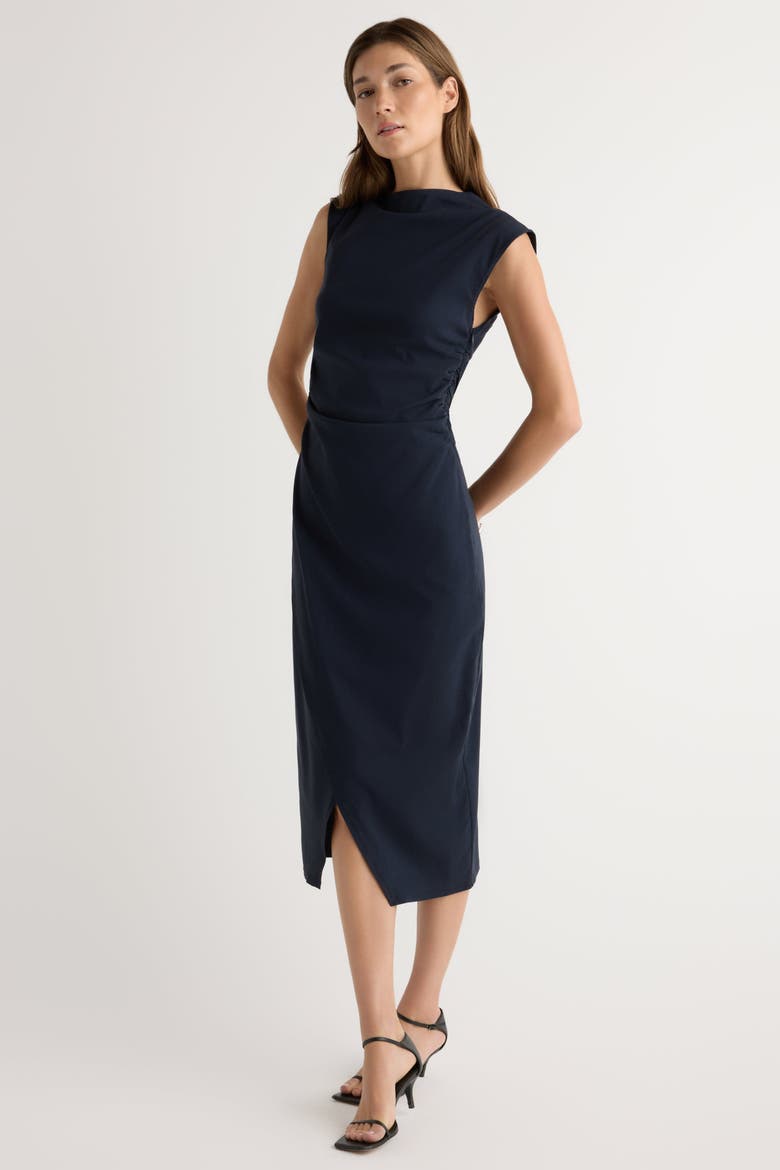 Manon Asymmetric-Neck Ruched Dress, Alternate, color, Navy