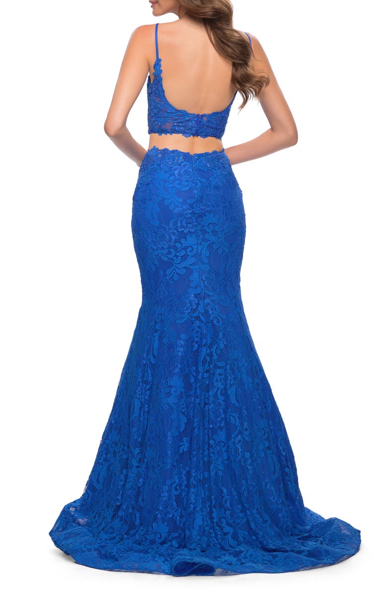 La Femme Stretch Lace Two-Piece Mermaid Gown, Alternate, color, 