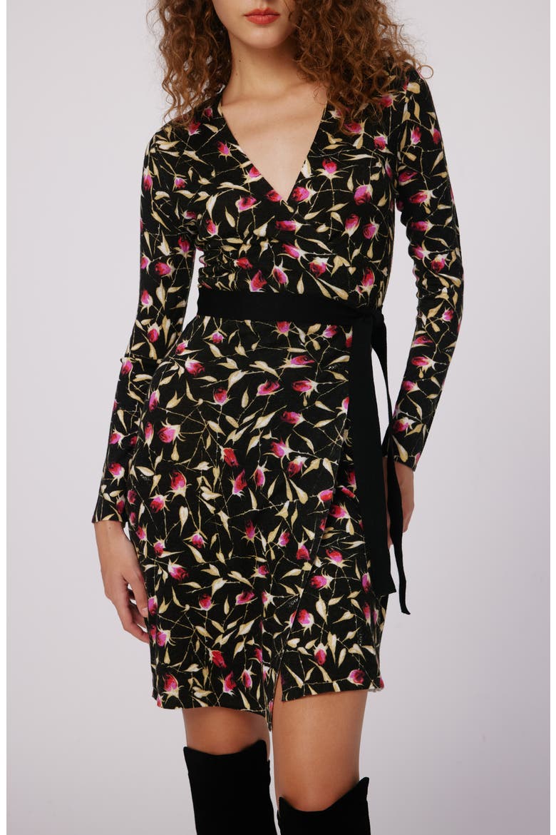 Luella Floral Print Long Sleeve Merino Wool Wrap Dress, Alternate, color, ROCKN ROSE