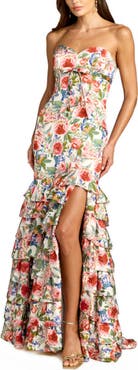 Mac Duggal Strapless Floral Charmeuse Ruffle A Line Gown
