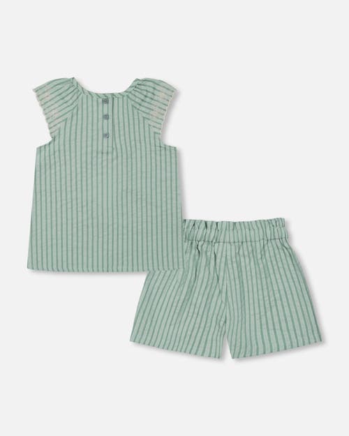 DEUX PAR DEUX DEUX PAR DEUX LITTLE GIRL'S CHAMBRAY BLOUSE AND SHORT SET MINT GREEN STRIPED
