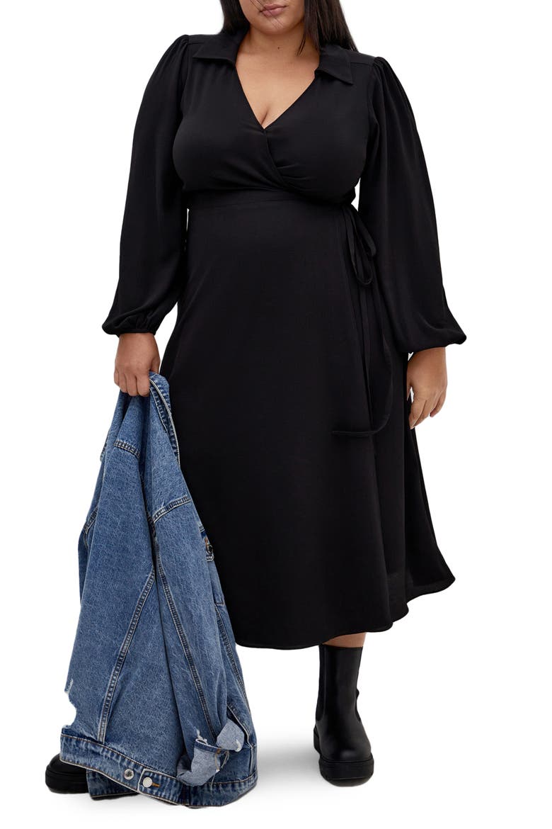 Arizona Long Sleeve Wrap Midi Dress, Main, color, BLACK