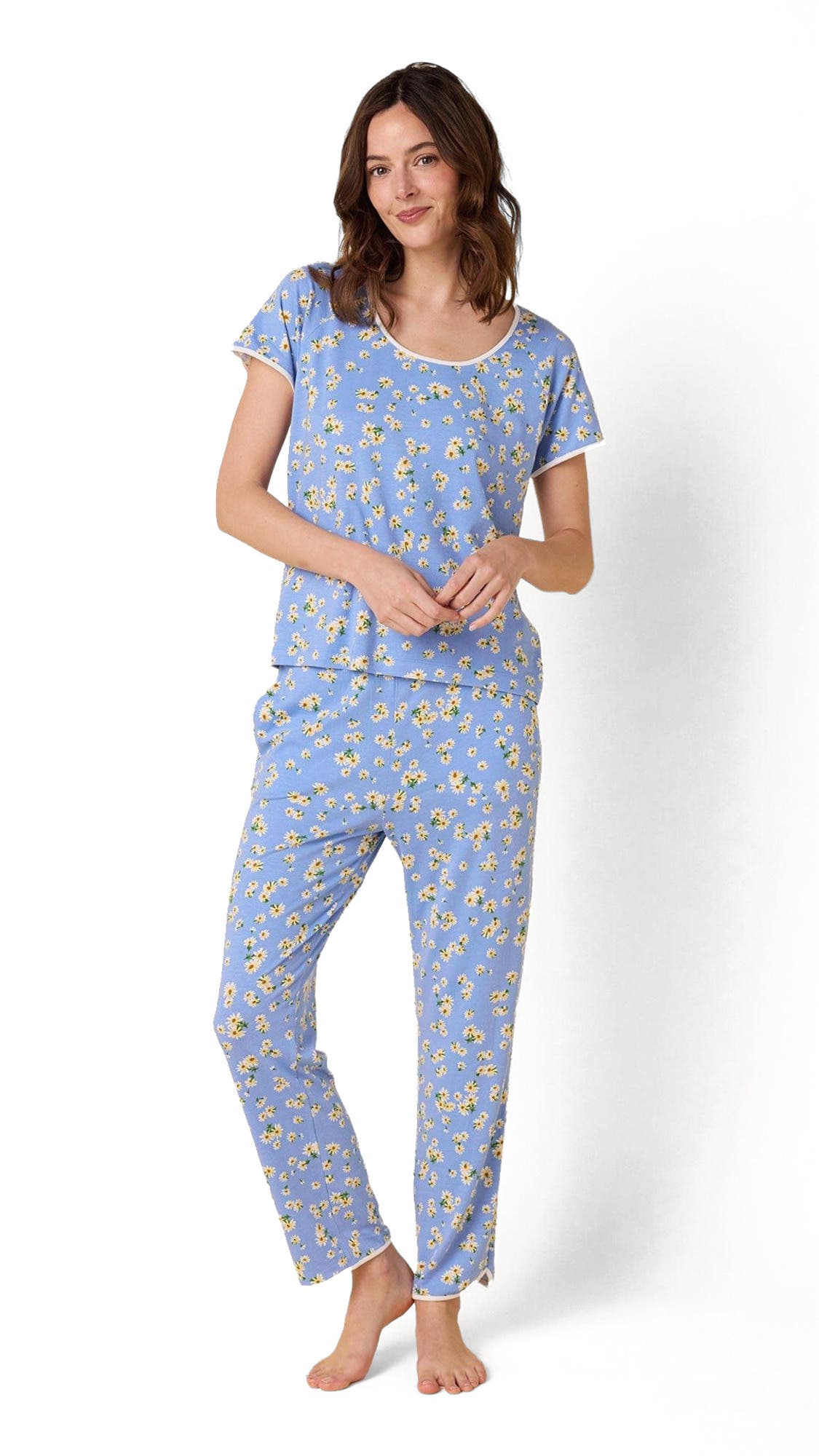 The Cat's Pajamas Pima Knit Short Sleeved Simple Set Floral In Blue
