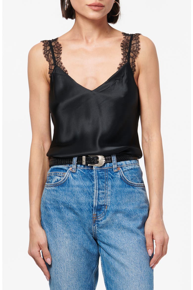 Marlo Lace Trim Silk Charmeuse Tank, Main, color, BLACK