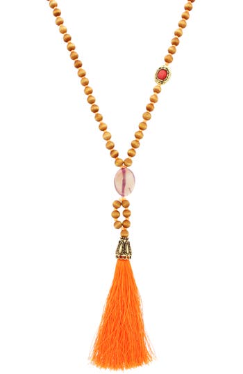 Olivia Welles Summer Beaded Tassel Pendant Necklace In Burnished Gold/orange