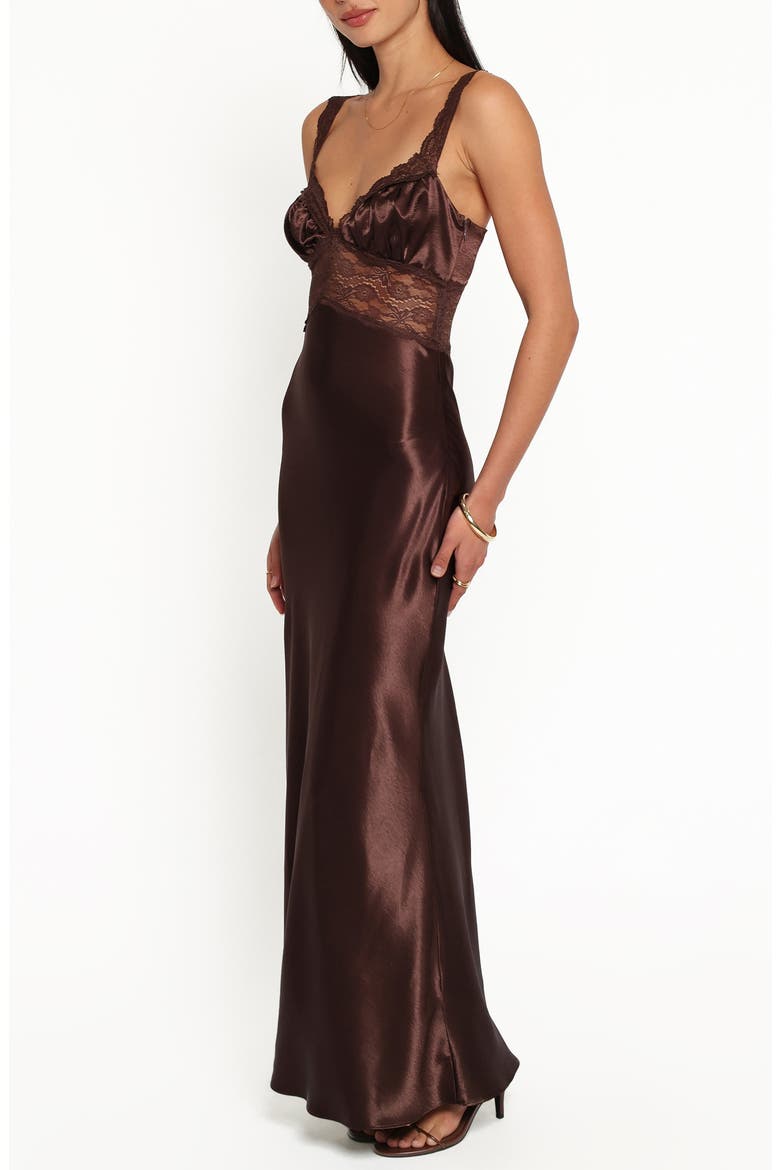 Nitara Lace Trim Satin Maxi Dress, Alternate, color, BROWN