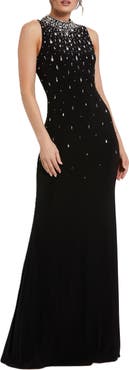 Mac Duggal High Neck Sleeveless Beaded Jersey Fitted Gown