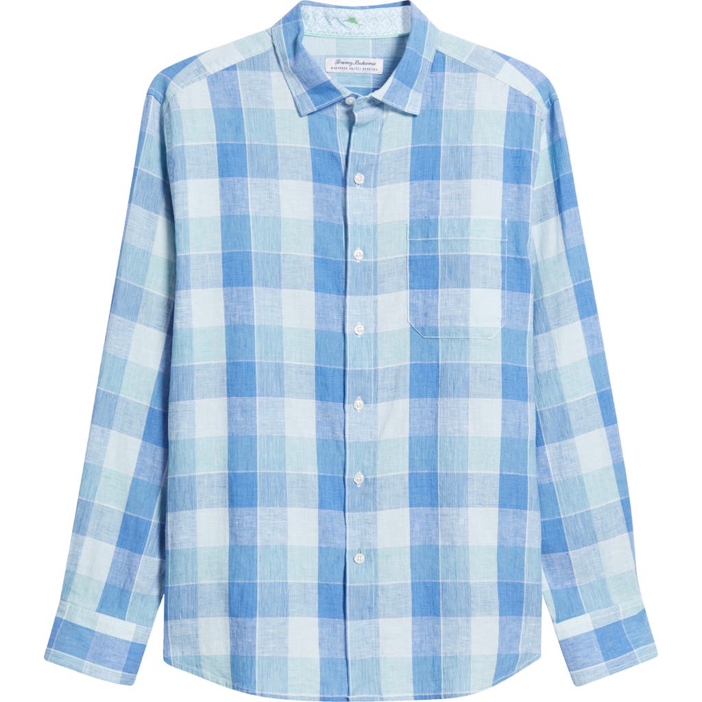 Tommy Bahama Barbados Breeze Beach Day Check Stretch Linen Button-Up Shirt in Palace Blue