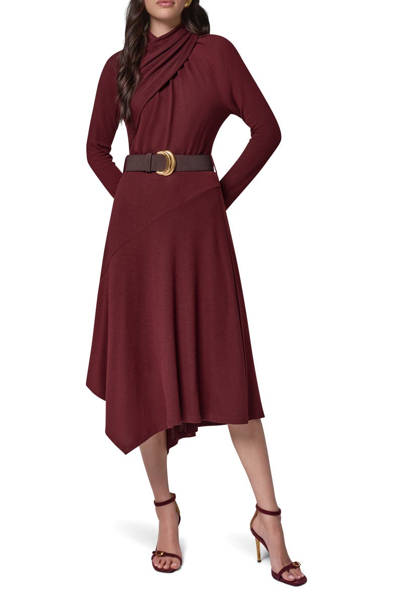 Mock Neck Long Sleeve Asymmetrical Hem Dress, Main, color, BLACK CHERRY