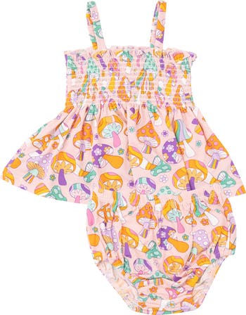 Retro Mushroom Print Smocked Ruffle Top & Bloomers Set