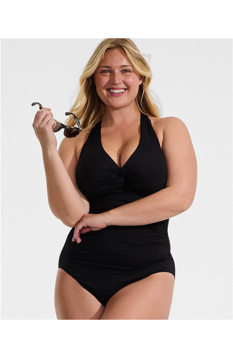 Lands' End Plus Size Knot Twist Halter One Piece, Alternate, color, Black