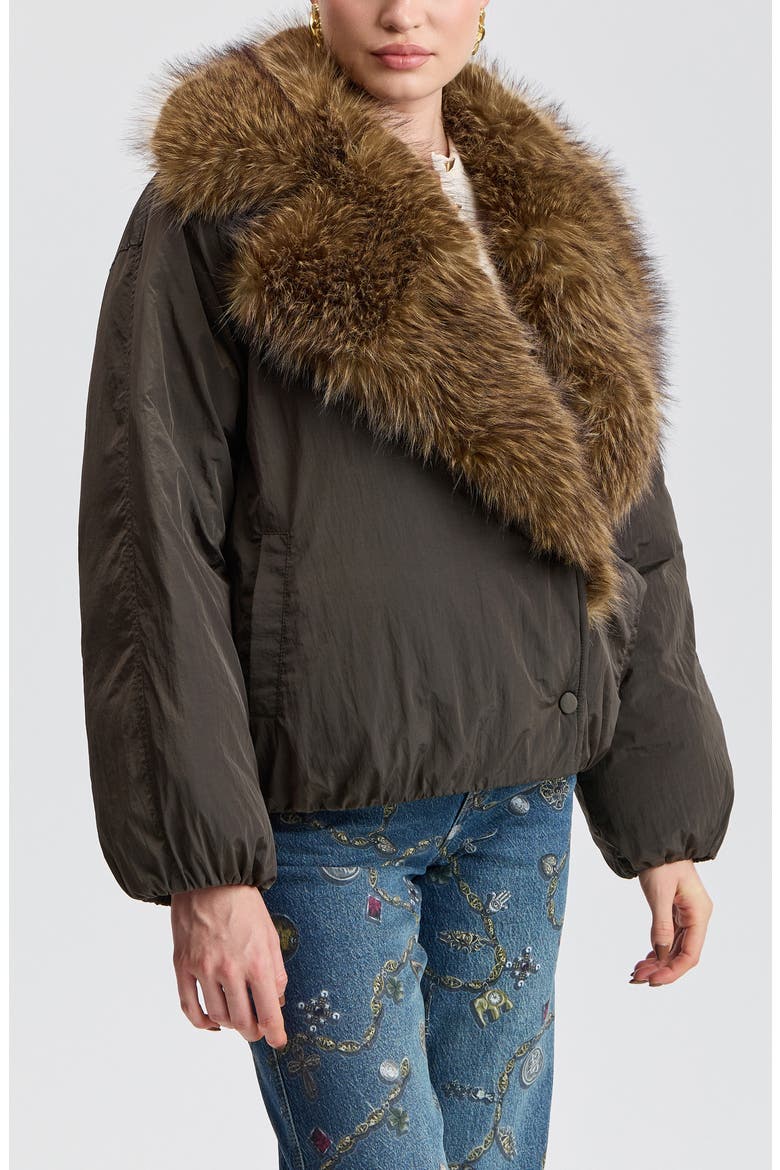 Faux Fur Collar Puffer Jacket, Alternate, color, ROSEMARY/ CAMEL