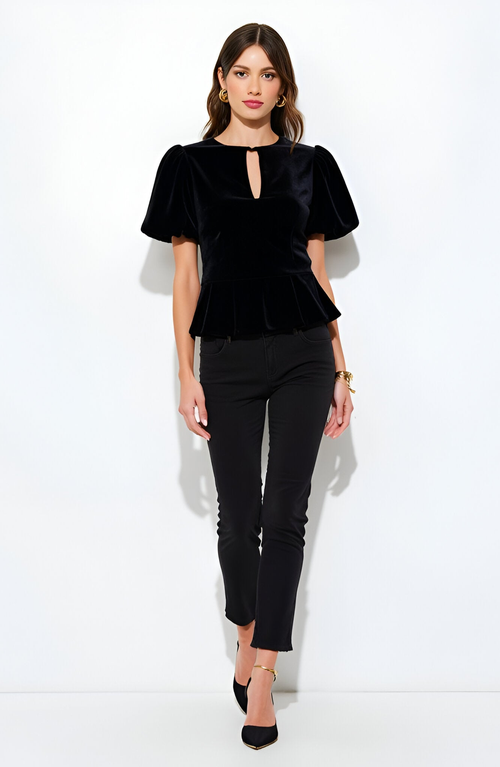 Modenaire Velvet Puff Sleeve Top With Front Keyhole Cutouts And Rhinestone Bow Details In Black