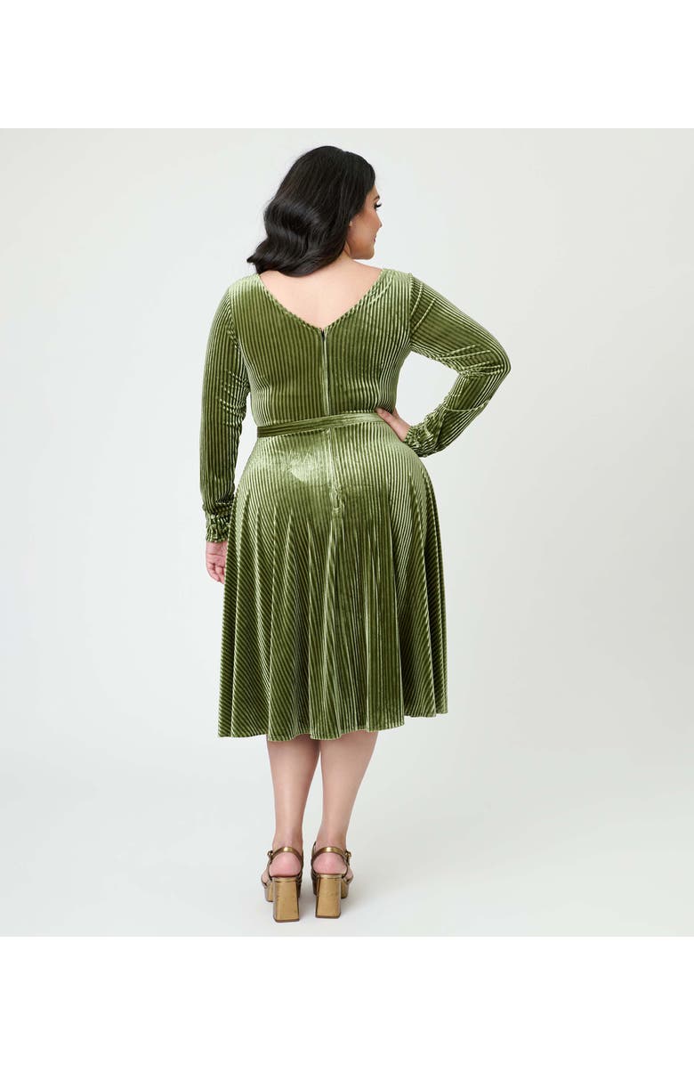 Unique Vintage Plus Size Long Sleeve Belted Devon Swing Dress, Alternate, color, Olive Green