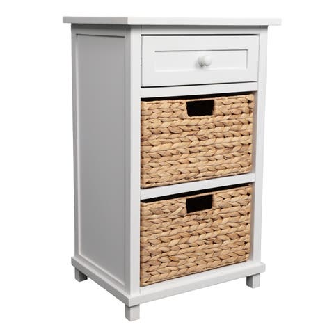 Malibu Rustic Handcrafted Acacia Wood Accent Storage Nightstand with Drawer and 2 Water Hyacinth Woven Baskets
