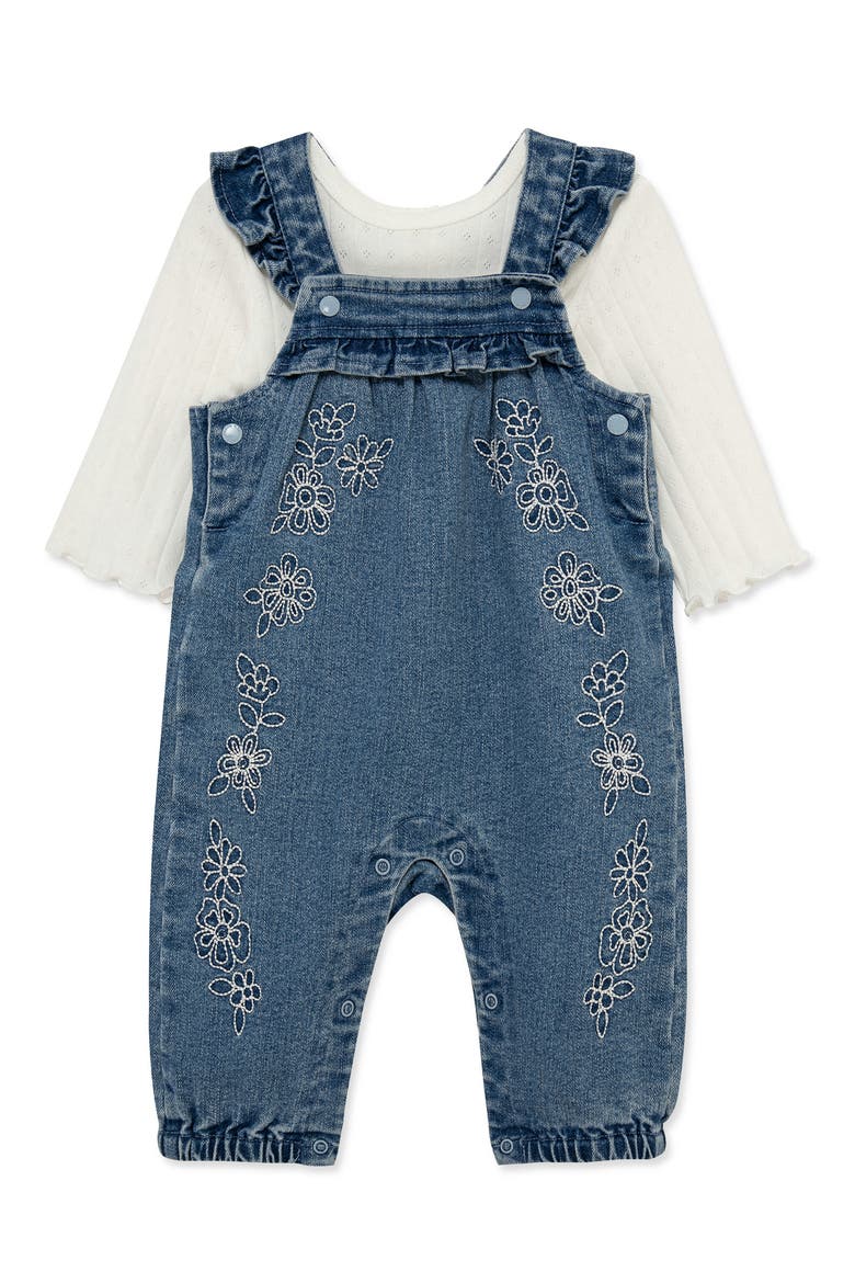 Kids' Lacey Pointelle Tee & Embroidered Overalls Set, Alternate, color, DENIM