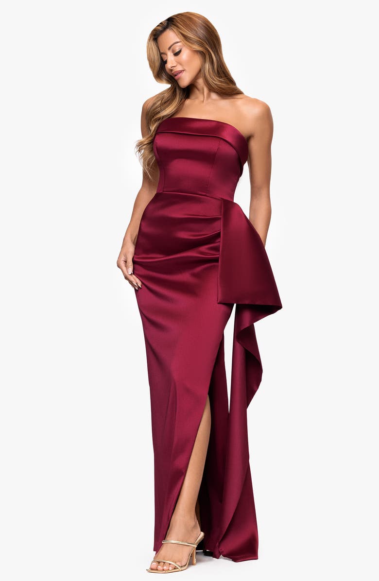 Xscape Evenings Ruffle Strapless Mikado Column Gown, Alternate, color, Wine