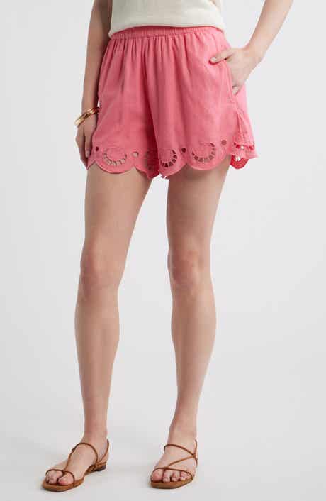 Cutwork Hem Linen Blend Pull-On Shorts