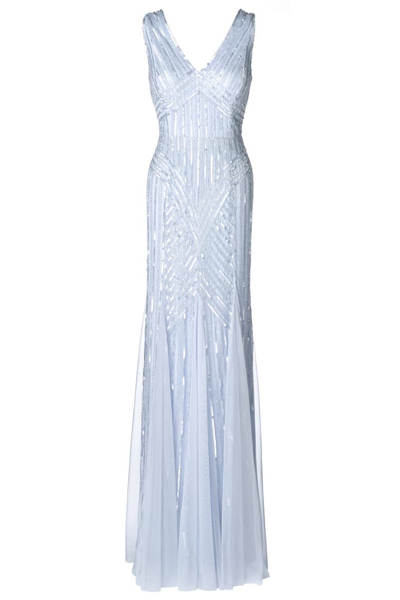 Beaded Mesh V-Neck Trumpet Gown, Alternate, color, ICE BLUE