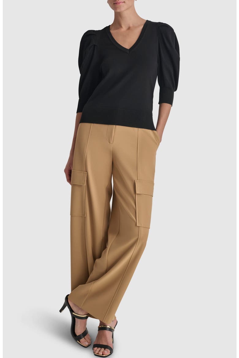 Puff Sleeve V-Neck Sweater, Alternate, color, BLACK