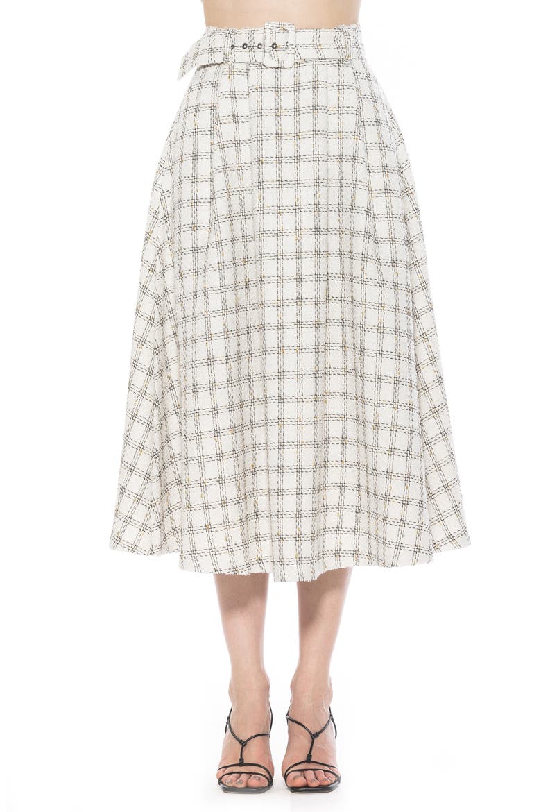 Belted A-Line Midi Skirt, Main, color, IVORY PLAID