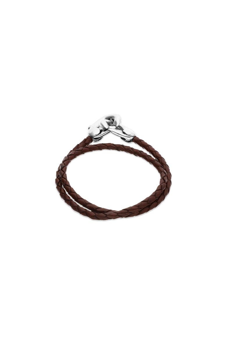 UNODE50 Brown double leather strap with sterling silver-plated interlocking carabiner detail, Alternate, color, Silver