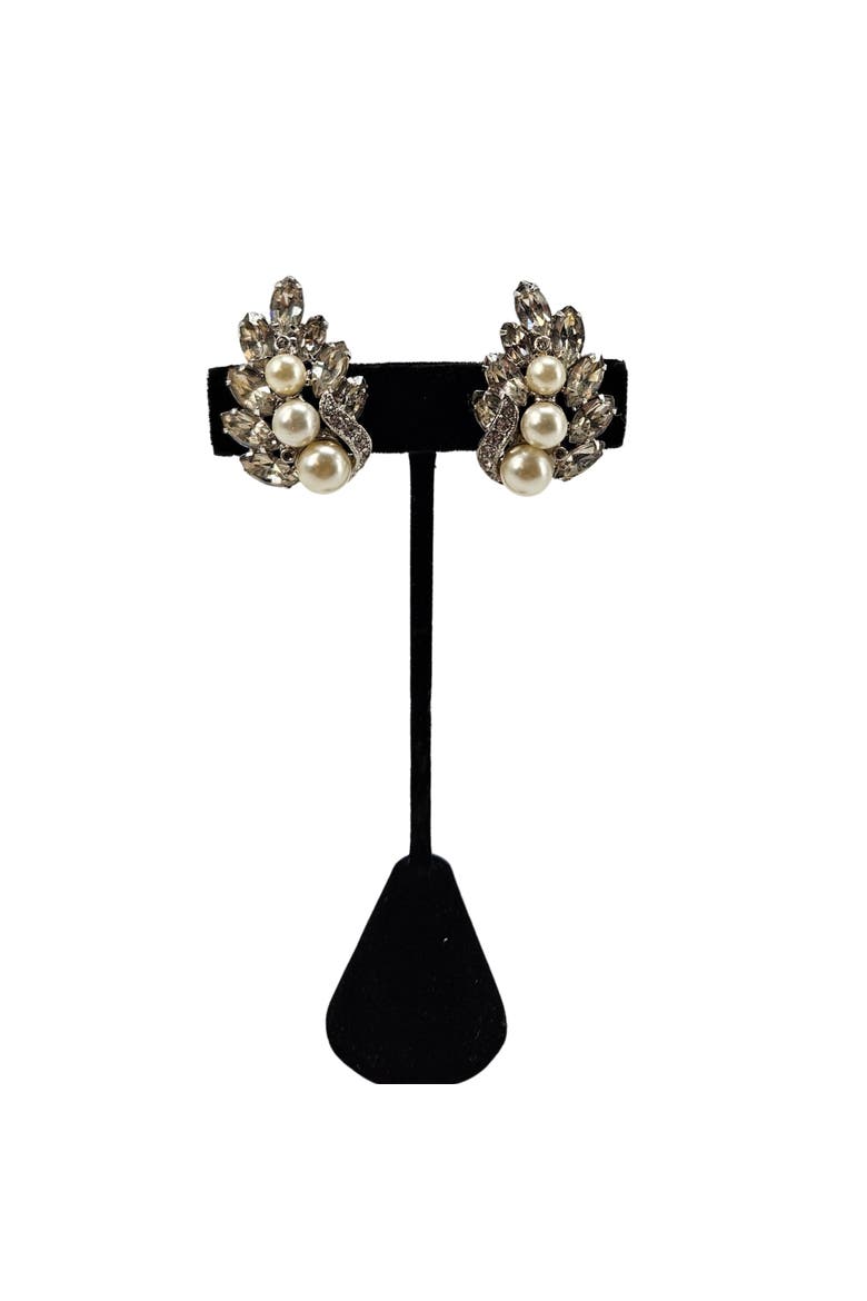 Vintage Clear Rhinestone & Pearl Earrings, Alternate, color, Silver