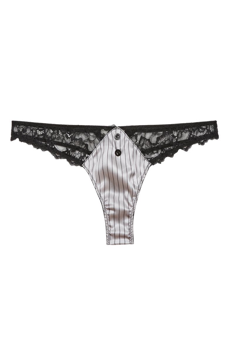Fleur Du Mal Executive Lace Trim Stretch Silk Thong, Main, color, Ash Pinstripe