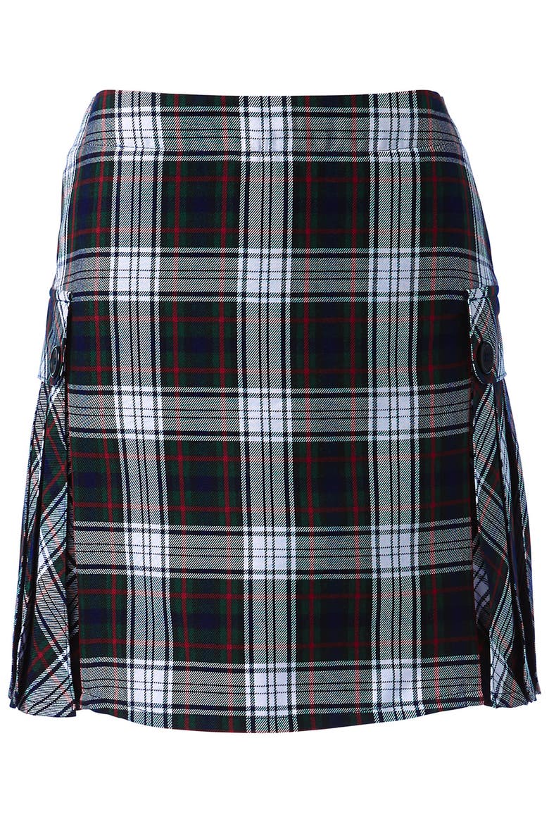 School Uniform Young  Side Pleat Plaid Skort Above the Knee, Alternate, color, Evergreen/White Plaid