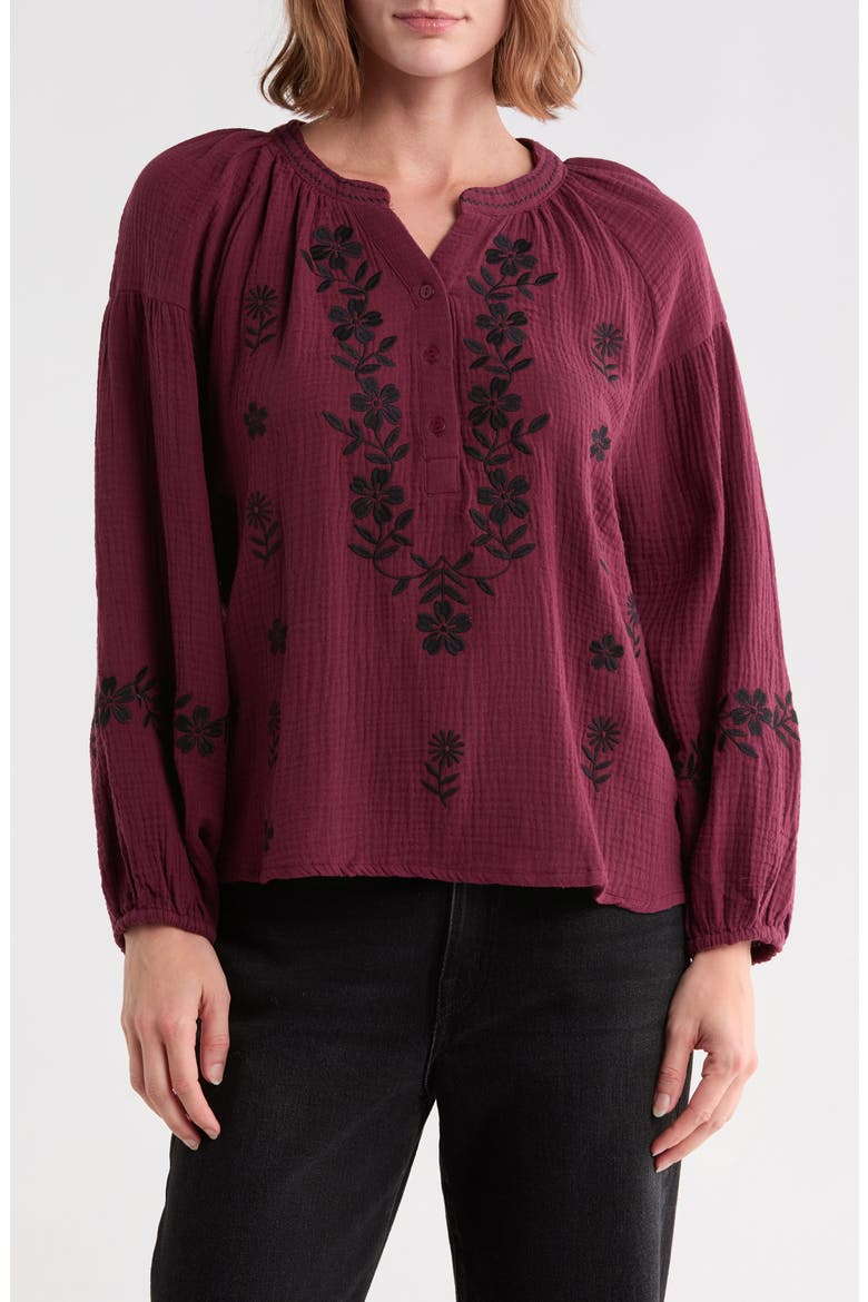 Embroidered Cotton Gauze Top, Main, color, BURGUNDY/ BLACK