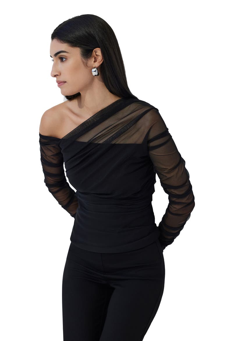 Monroe One-Shoulder Mesh Overlay Top, Alternate, color, BLACK