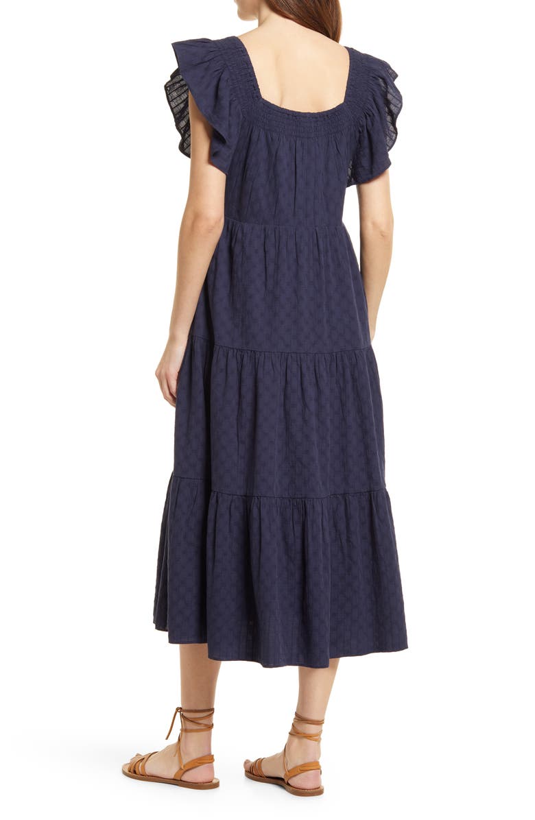 Madewell Women's Textured Check Ruffle Sleeve Tiered Midi Dress, Alternate, color,