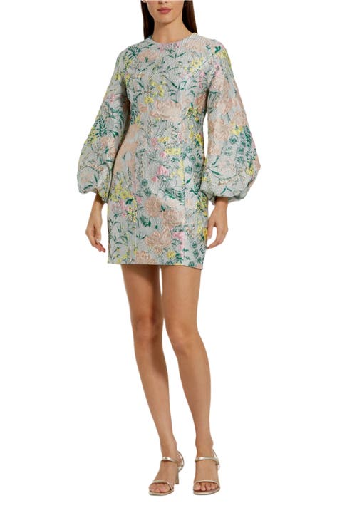 Floral Brocade Puff Sleeve Fitted Mini Dress