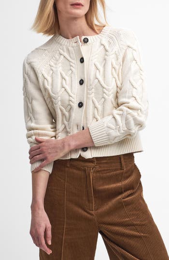 Barbour Lorelei Cable Wool Blend Cardigan In Brown