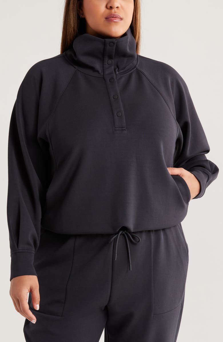 Zella Ultrasoft Snap Funnel Neck Sweatshirt, Alternate, color, Black