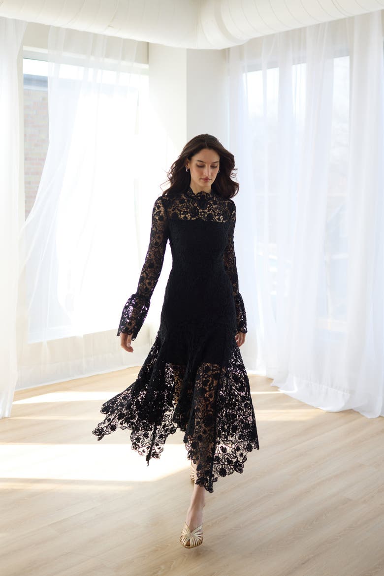 Leila High Neck Lace Dress, Alternate, color, Black