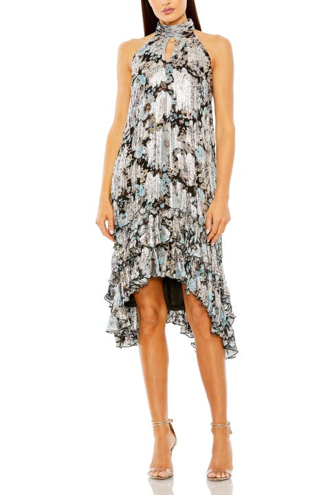 High Neck Floral Ruffle A-Line Mini Dress