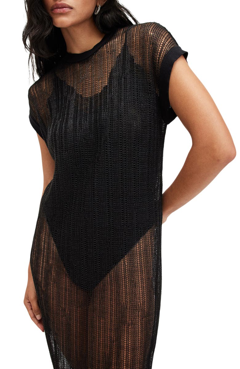 AllSaints Giana Open Knit Maxi Sweater Dress, Alternate, color, Black