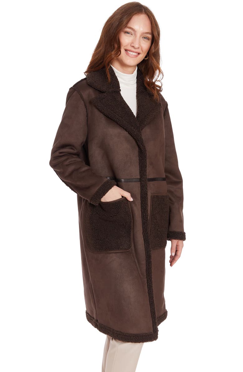 Frye Water Resistant Faux Shearling & Faux Leather Coat, Alternate, color, Brown