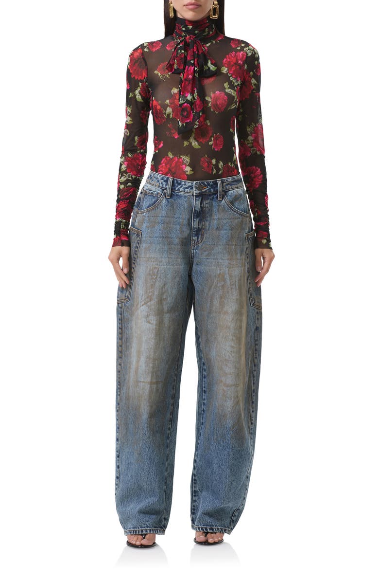 AFRM Julien Tie Neck Turtleneck Mesh Top, Alternate, color, Painted Roses