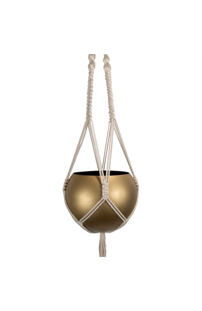 Foreside Home and Garden Macrame Hanging Planter with Gold Metal Planter Round Pot, Main, color, Gold