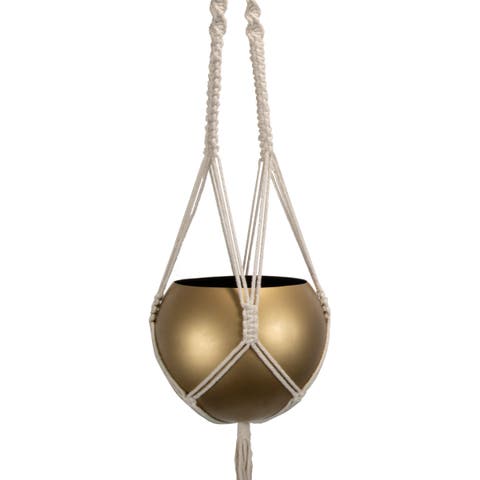Macrame Hanging Planter with Gold Metal Planter Round Pot