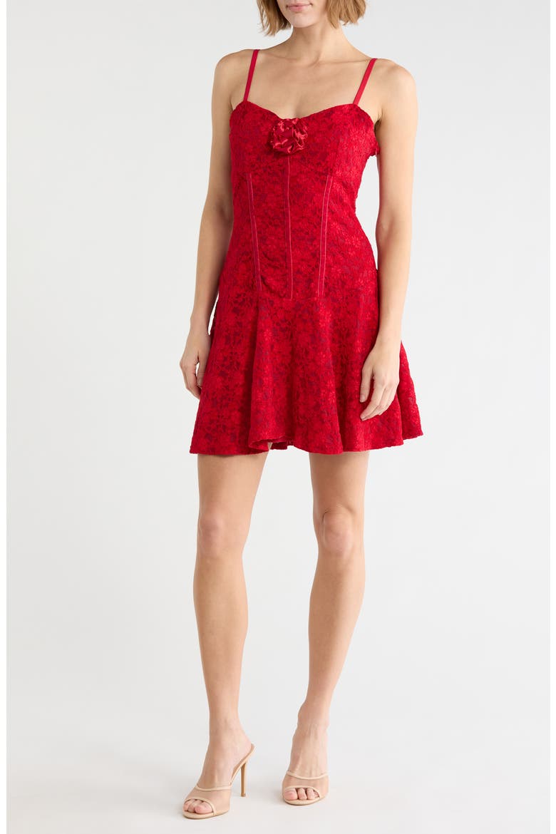 Rosette Detail Basque Waist Lace Dress, Main, color, RED