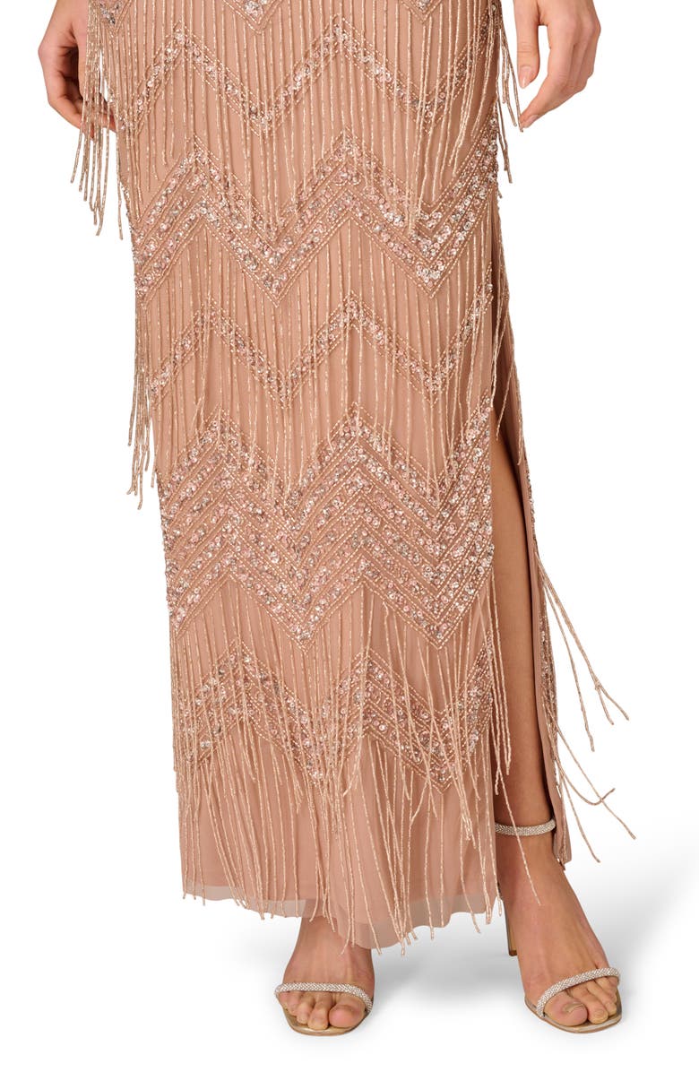 Aidan Mattox Beaded Fringe Flutter Sleeve Maxi Column Gown, Alternate, color,