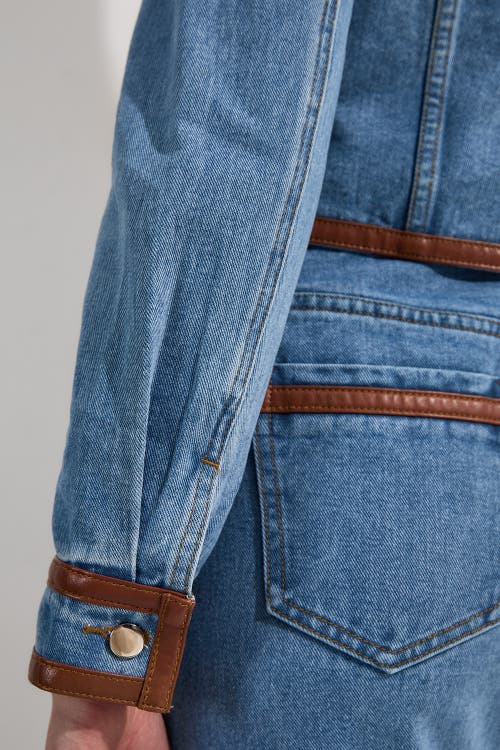 Karen Millen Denim & Leather Collarless Jacket In Blue