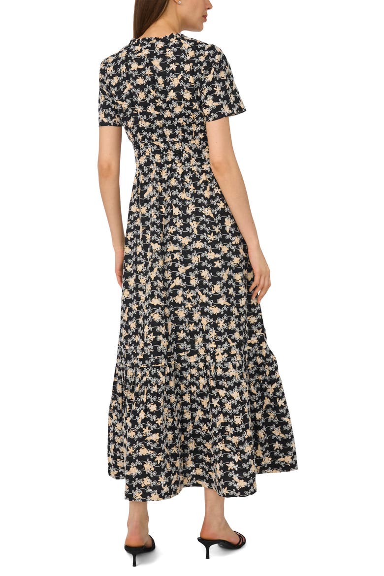 Floral Embroidered Tiered Cotton Maxi Dress, Alternate, color, RICH BLACK