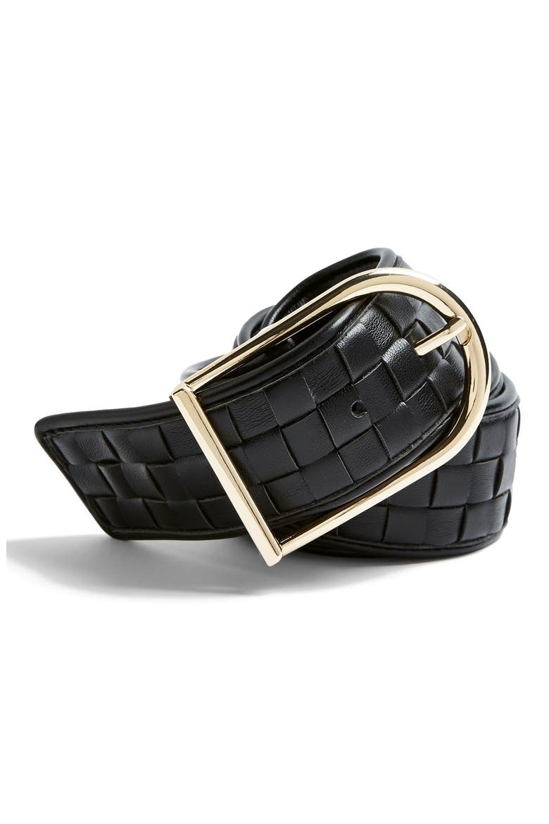 Woven Faux Leather Belt, Main, color, BLACK