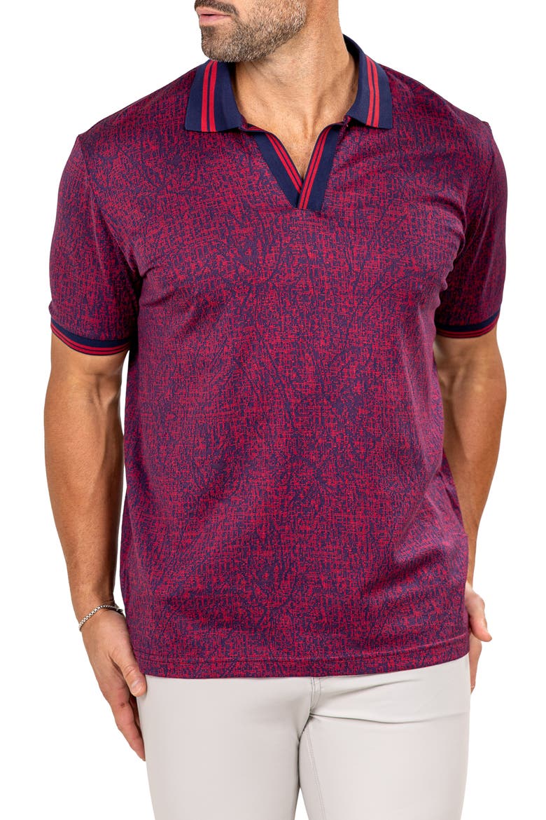Marthyr Grid Print Johnny Collar Cotton Polo, Alternate, color, RED