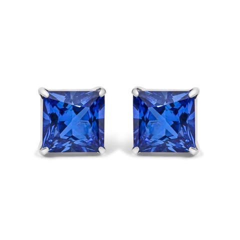 Platinum 7x7 Lab Created Blue Sapphire Princess Cut Solitaire Stud Earrings
