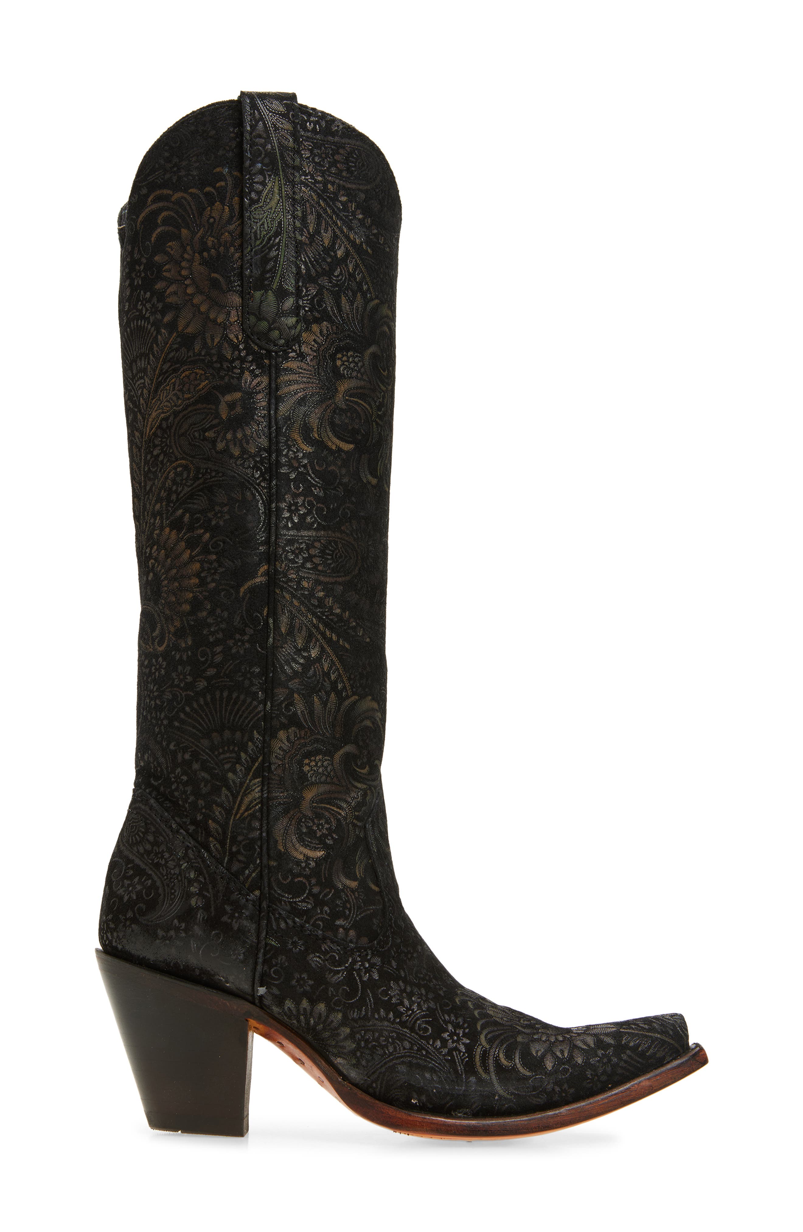 CORRAL Floral Knee High Western Boot, Alternate, color, Black/ Gold